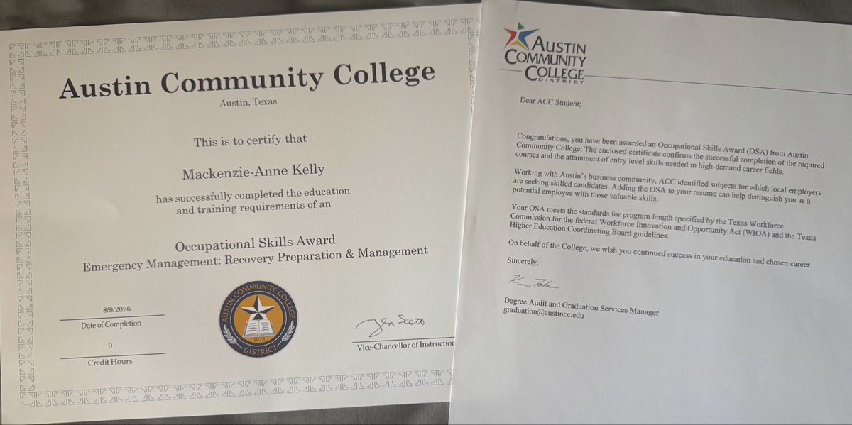 mkelly007's tweet photo. PERSONAL NEWS: I’m 40 years old and this showed up in the mail today. 🎓

I officially earned my Occupational Skills Award in Emergency Management from ACC, I’m only 8 credit hours away from my associate degree, AND I’m taking 4 of those hours this semester.

I don’t care how old you are. Keep going.

Associate degree next. Then the bachelor’s.

LET’S GOOOOOOOOOOO. 🚨🎉
