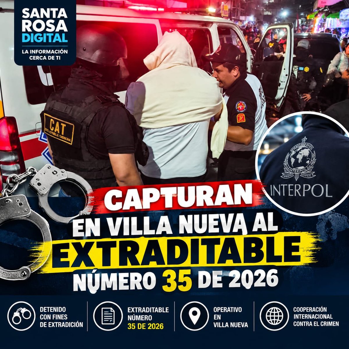SantaRosaDgt's tweet photo. 🇬🇹🚔 CAPTURAN EN VILLA NUEVA AL EXTRADITABLE NÚMERO 35 DE 2026

La PNC y el Ministerio Público capturaron a Joshua Vinizio Arriaza, de 34 años, requerido por la justicia de Estados Unidos. https://t.co/Xv9bhvESv7