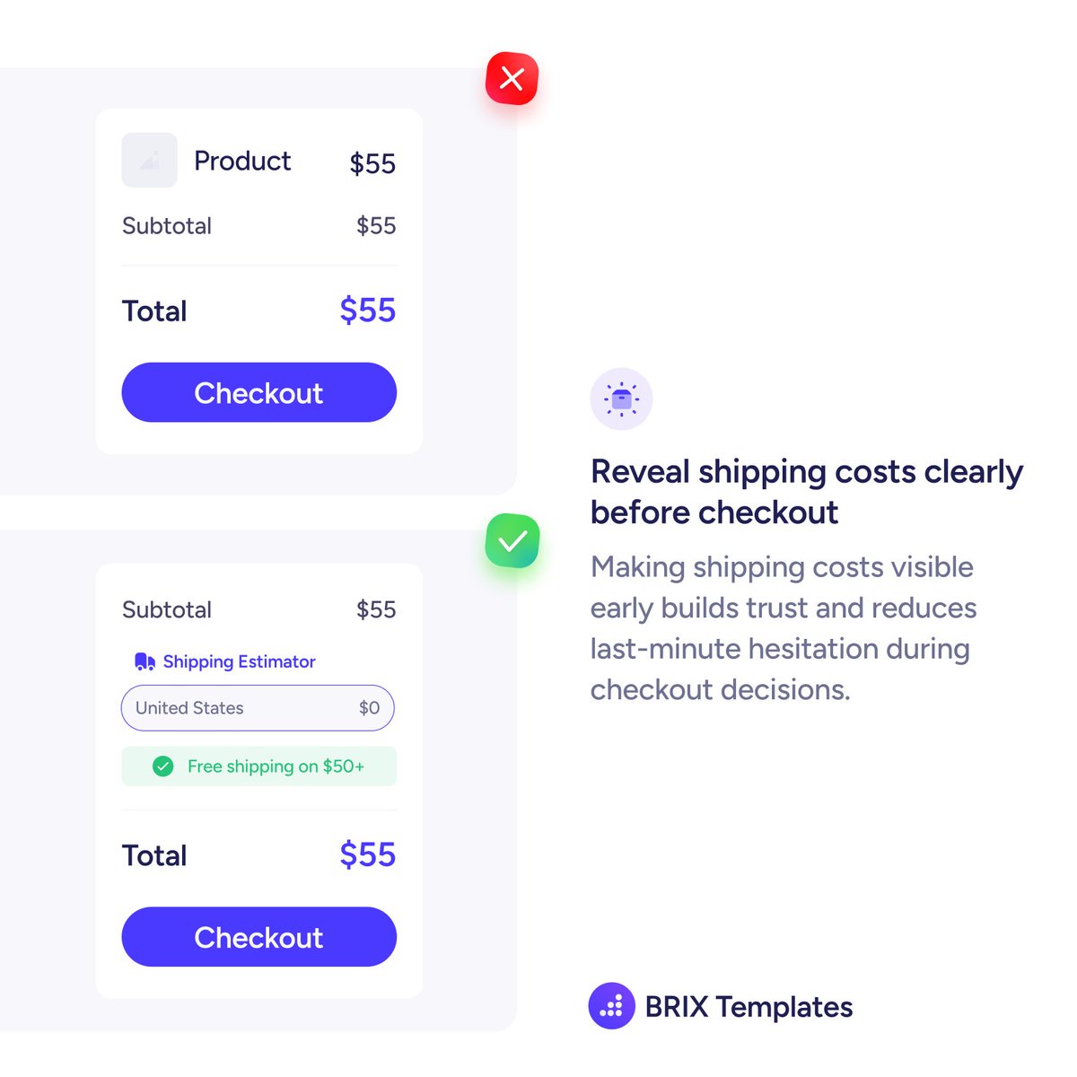 brixtemplates's tweet photo. Hidden shipping costs can kill a sale. Show delivery fees or free-shipping rules before checkout so users know what to expect. Clear pricing builds trust and reduces last-minute drop-offs. Would this improve your checkout?
#UXDesign https://t.co/3awWXBO92M