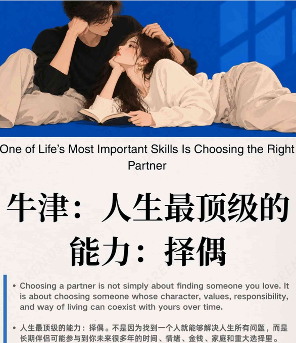An article header image showing a couple in bed with the English title 'One of Life's Most Important Skills Is Choosing the Right Partner' and Chinese text '牛津：人生最顶级的能力：择偶' (Oxford: The most top-tier ability in life: choosing a spouse).