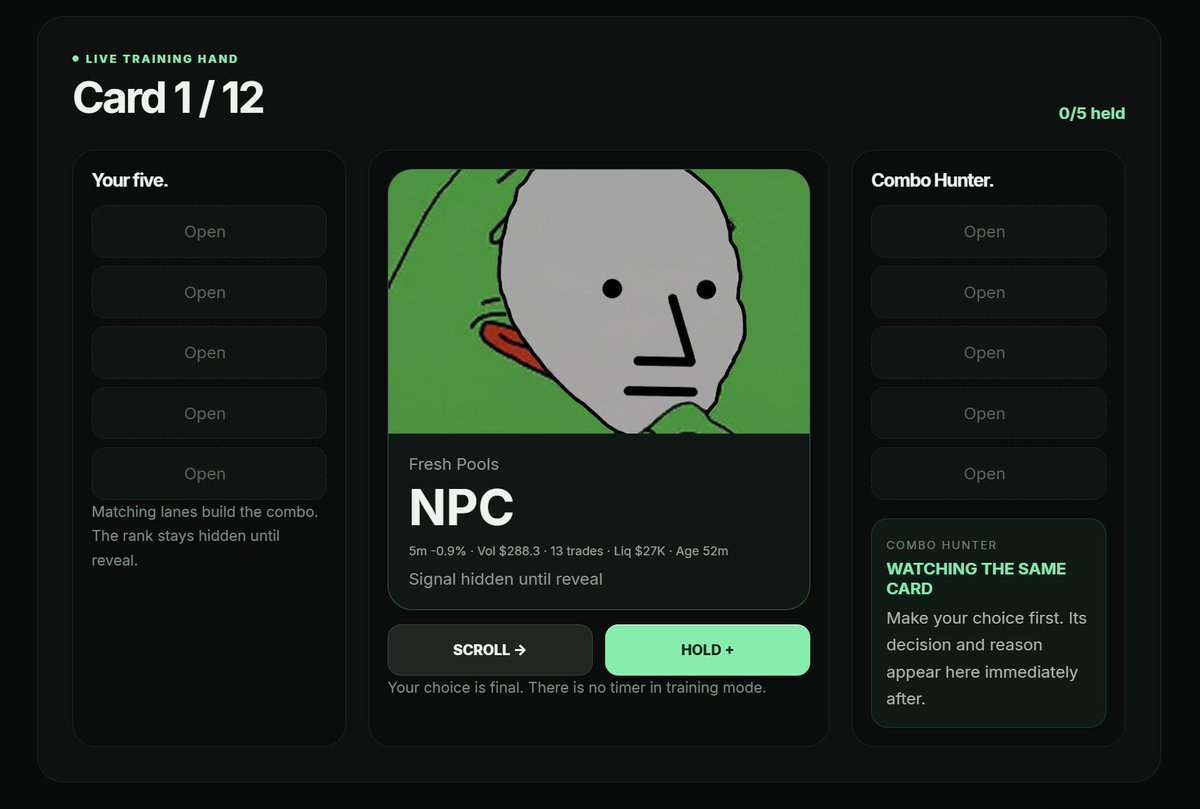 deckpump's tweet photo. Thinking ahead of the tournament, we figured every holder and player should be at the same page.

We just deployed https://t.co/Cc8rcfk5ZH where you can play the game with an agent 

No wallet
No SOL
No waiting for another human
No clock
Uses the current verified live Pump-origin deck
You and Combo Hunter see the same 12-card deal
The agent cannot see future cards or hidden signal ranks
After you choose, it shows HOLD / SCROLL + why
At the end it reveals both hands and explicitly explains whether combo tier or signal decided the result
Rematch is immediate
From the result you can move directly to Play for SOL