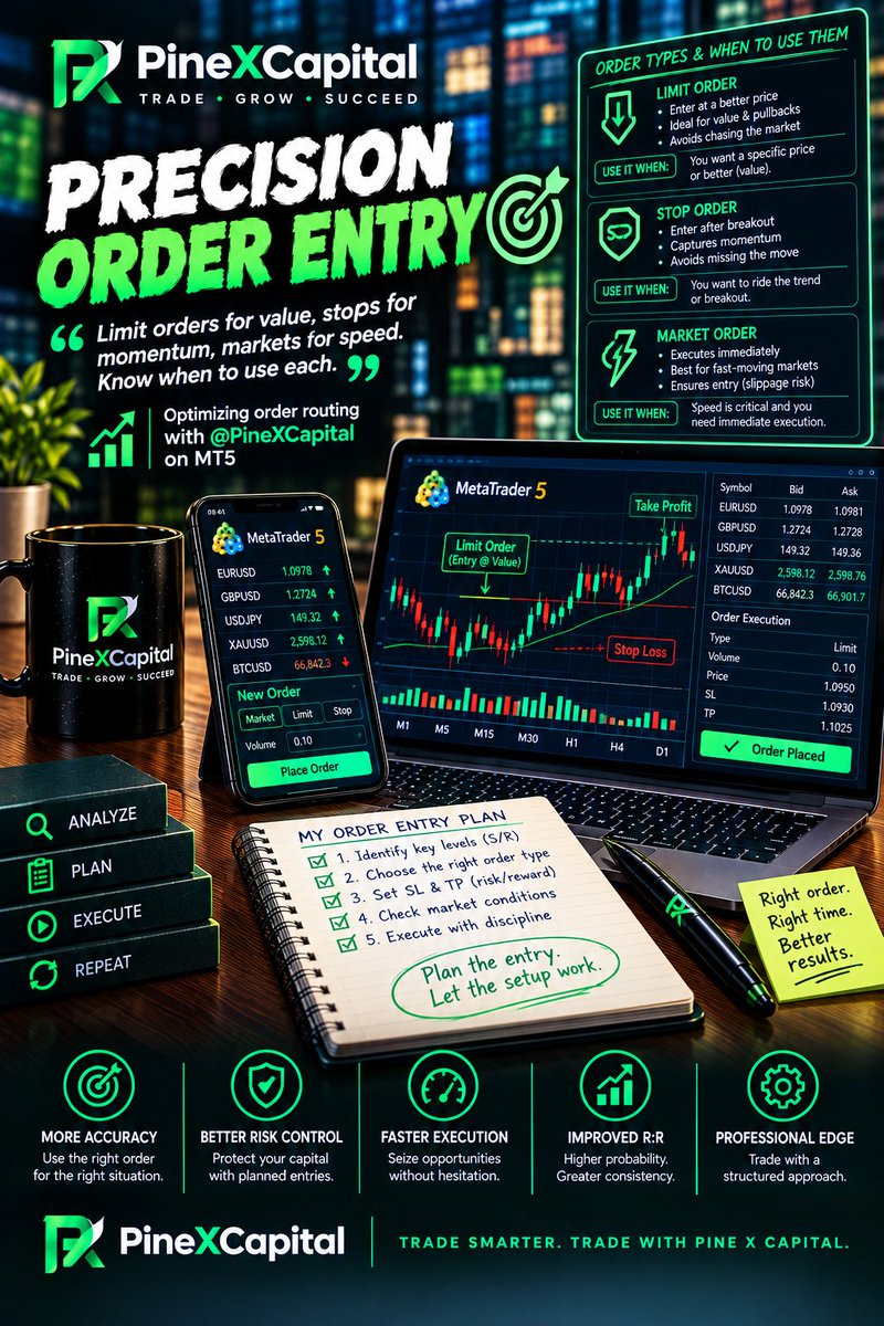 iam_rottenegg's tweet photo. Choosing the right order type is just as important as identifying the trade setup itself. 📊
Using limit orders lets you enter at precise discounted pricing, while stop orders catch breakout momentum cleanly.
#PineXCapital #MT5 #ForexTrading #TradeExecution #TradingOrder https://t.co/HmCZdbTnGZ