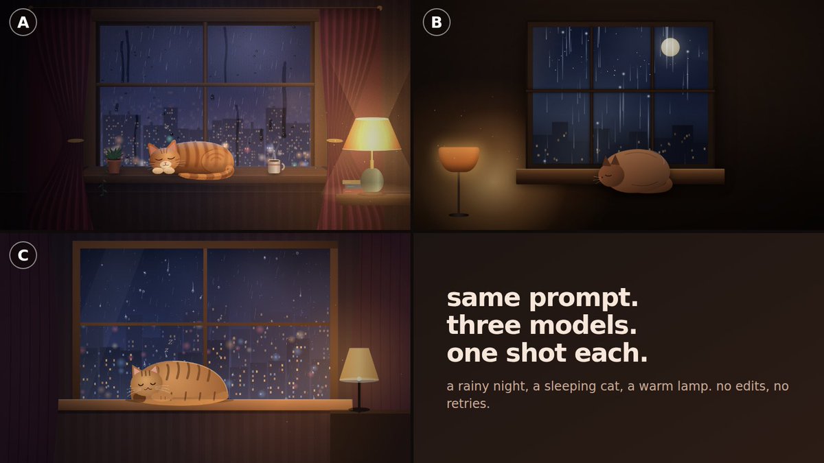hodlevd's tweet photo. asked three AIs for a cat sleeping on a windowsill in the rain, one try each. Claude Sonnet 5, Sonnet 5.5 and Opus 5.5.
which of these three is the best? https://t.co/j1EBS9dFl5
