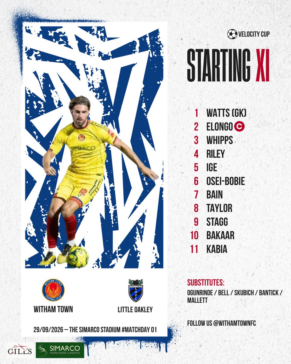 Withamtownfc's tweet photo. Starting XI to face Little Oakley in the Velocity Cup. https://t.co/G20ruY1Gem