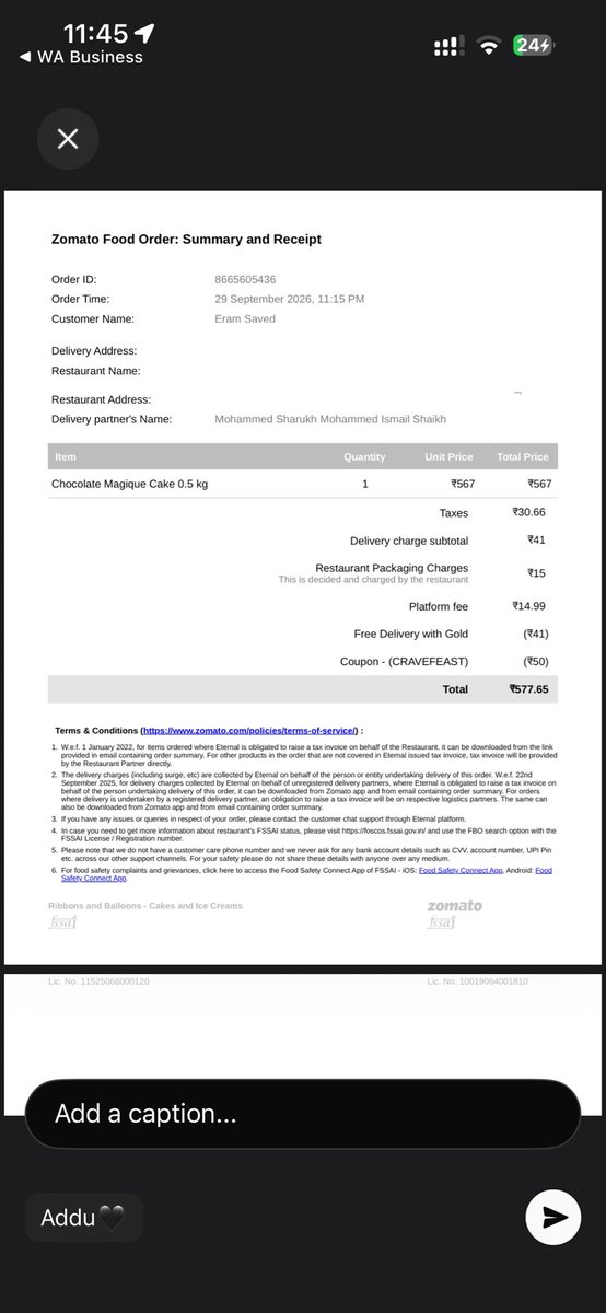 erammsayed's tweet photo. @zomato @zomatocare I sent a cake as a gift, and what was delivered was completely different from what I ordered. The worst part? There was absolutely no support from your team to resolve the issue. Extremely disappointing experience, especially when it was meant to be a gift. https://t.co/nuQ61U3dm0