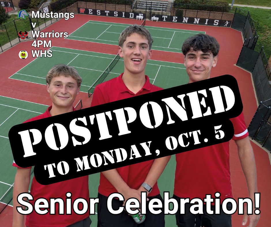 Westside66's tweet photo. Hold your horses! The Mustangs won’t be coming to Westside tonight.
The dual, and Senior Celebration have been postponed to Monday, Oct. 5.
Plan accordingly.

#RollSide https://t.co/eJwdwqbSwN
