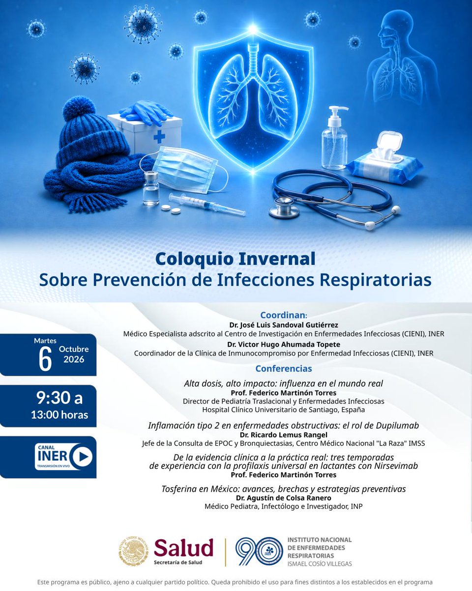 CCINSHAE_mx's tweet photo. El @RespiraINER invita al Coloquio Invernal sobre Prevención de Infecciones Respiratorias.
📅 Martes 6 de octubre de 2026
🕤 9:30 a 13:00 h
📺 Transmisión en vivo por Canal INER
#INER #InfeccionesRespiratorias #Prevención #SaludRespiratoria #CCINSHAE https://t.co/7JQWqY4QLl