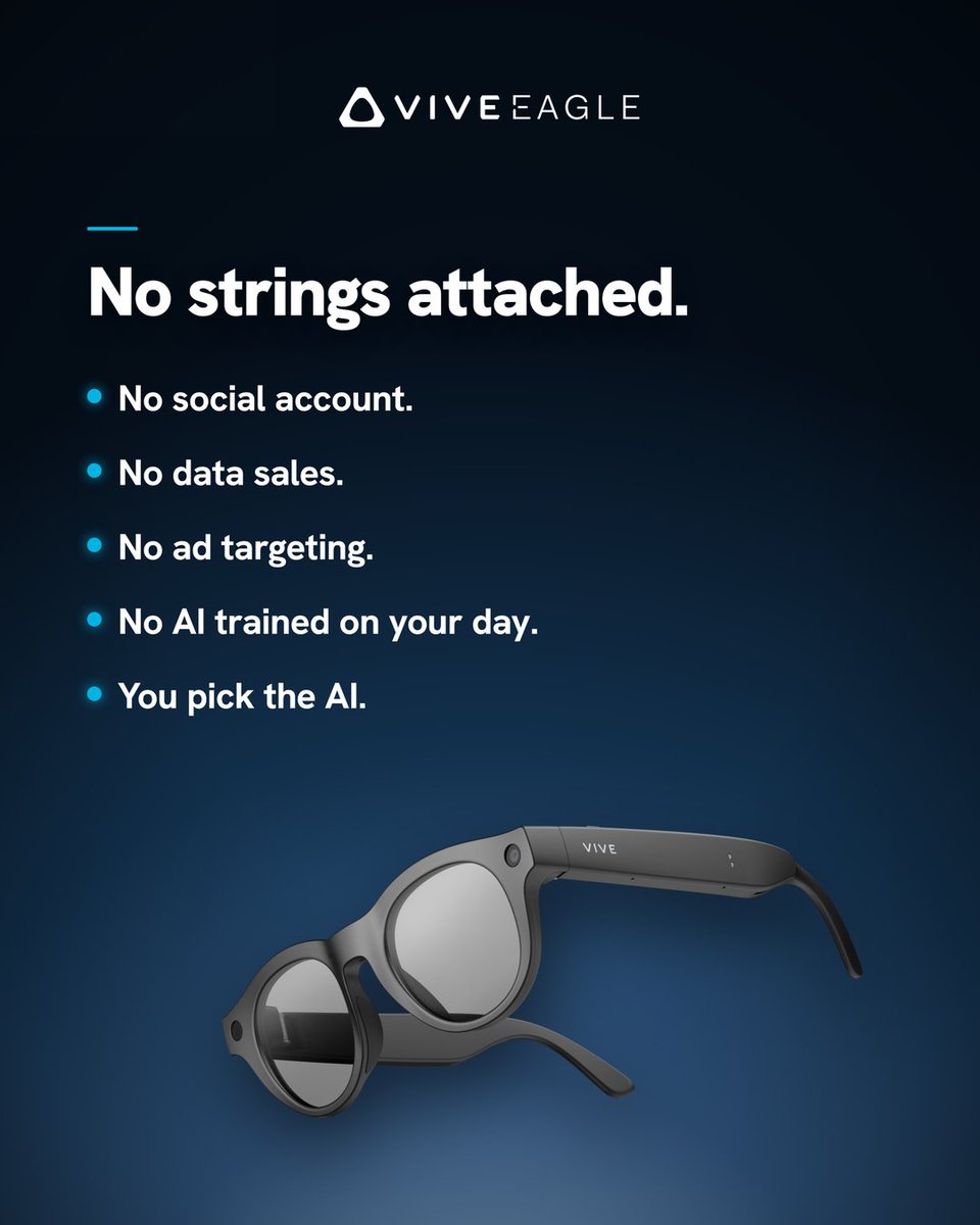 htc's tweet photo. With VIVE Eagle, your data stays yours.
Your footage takes one trip, and it's a short one. From the glasses to your phone. That's the whole route.

No cloud stopover, no data sales, and two external audits (ISO 27001 and 27701) from people whose job is checking that sort of claim.

| #VIVEEagle #SmartGlasses #HTCVIVE |