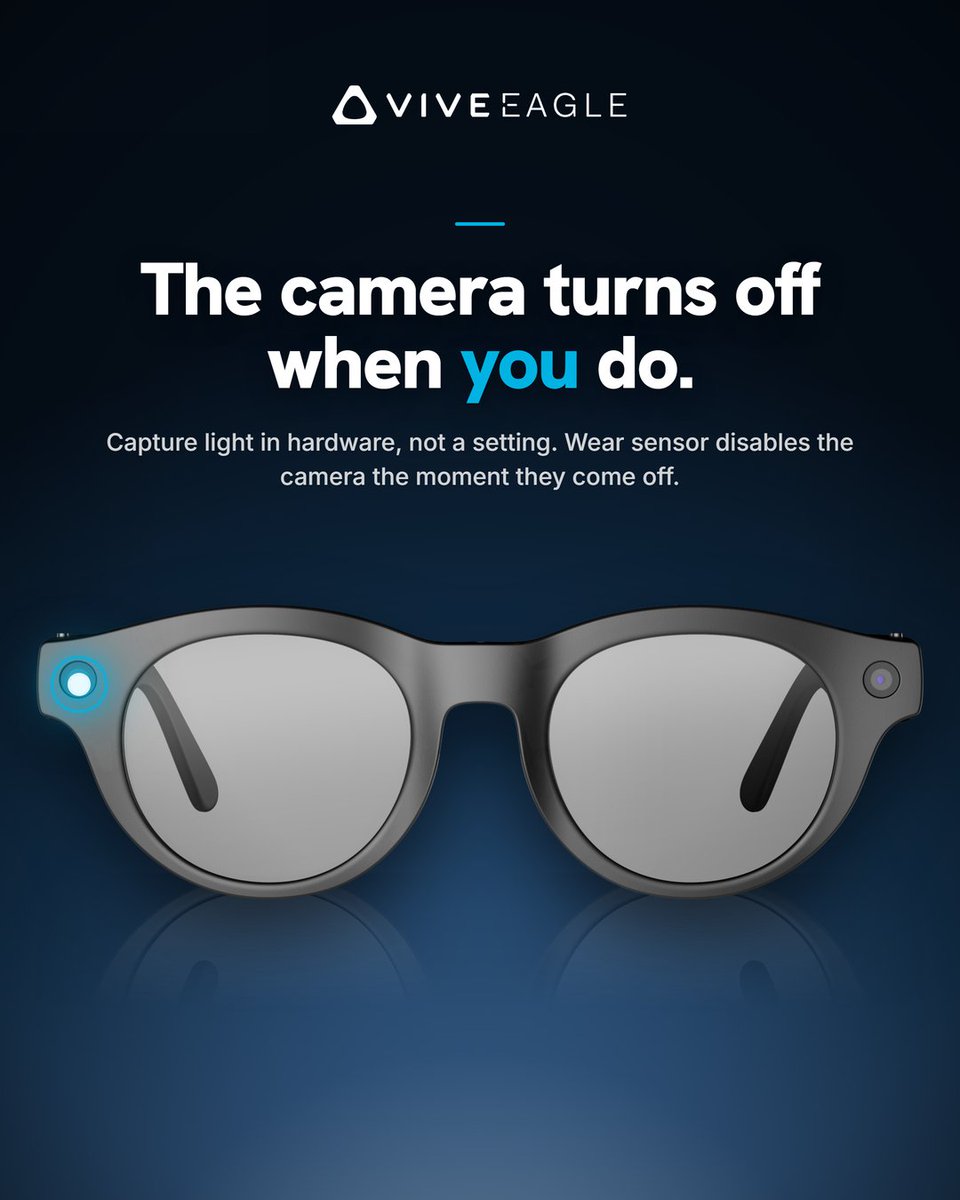 htc's tweet photo. With VIVE Eagle, your data stays yours.
Your footage takes one trip, and it's a short one. From the glasses to your phone. That's the whole route.

No cloud stopover, no data sales, and two external audits (ISO 27001 and 27701) from people whose job is checking that sort of claim.

| #VIVEEagle #SmartGlasses #HTCVIVE |