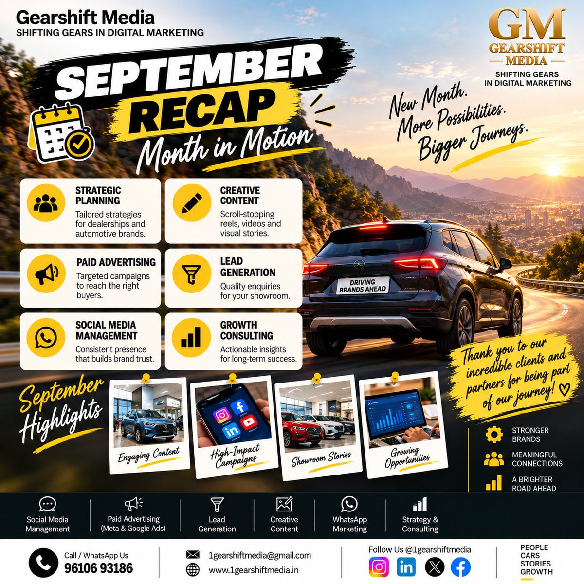 1GearshiftMedia's tweet photo. September was all about moving brands forward. 🚗⚡

From creative content to strategic campaigns, we kept brands in motion—building visibility, engagement &amp; growth.

Here’s to an even bigger October! 🚀

#GearshiftMedia #SeptemberRecap #DigitalMarketing #AutomotiveMarketing https://t.co/H4dshfzA9L