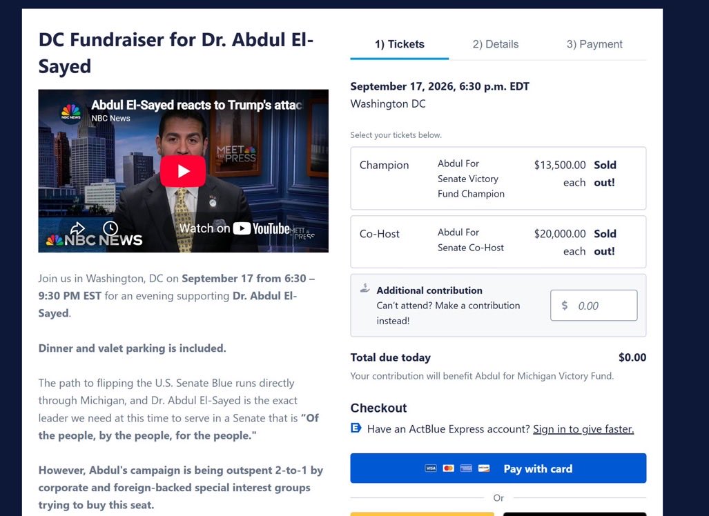 LauraLoomer's tweet photo. But wait! There’s more! 

Mr. “Money out of politics” @AbdulElSayed had another high dollar fundraiser on September 17th. 

For $20,000 per ticket, you could have cohosted Abdul’s Washington DC fundraiser. 

Abdul and @SenateDems spend every day attacking Republicans over “affordability”, but at the same time, he doesn’t publicize the fact that he’s been holding $20,000 and $50,000 *per ticket* fundraisers out of state for his Senate campaign. 

This is your daily reminder that Senate Democrats are completely full of shit and absolute hypocrites.
