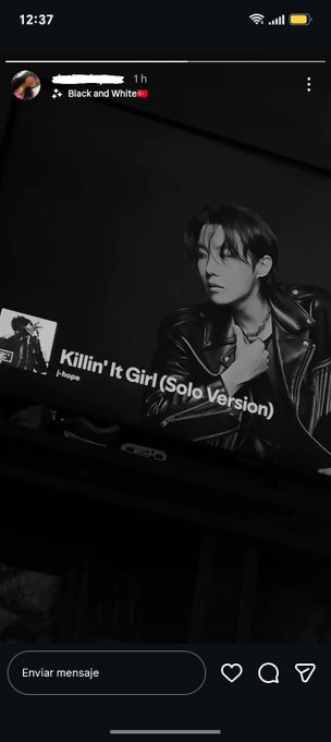 A screenshot of an Instagram story showing someone listening to 'Killin' It Girl (Solo Version)' by J-Hope from the Black and White album.