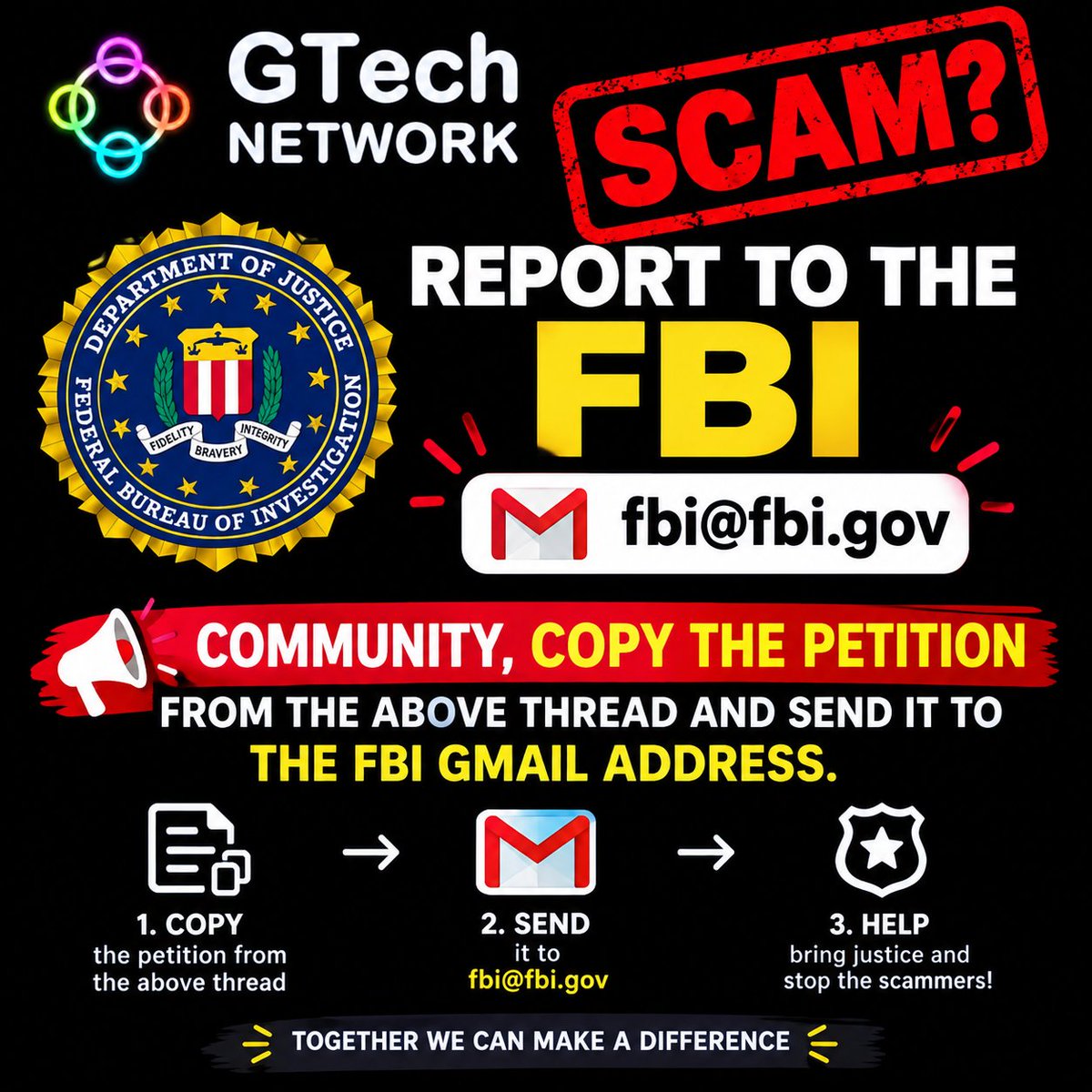 Crypto_A_A's tweet photo. 🚨 GTECH COMMUNITY — WE NEED TO ACT NOW

To everyone who lost money through the GTech Network ($GTC) situation:

If you personally sent USDT or other funds to participate in the GTC presale and those funds have not been returned, please don't just post about it on X or Telegram.

We need to put the evidence in front of law enforcement.

The objective is simple:

Trace the money. Identify the people behind the wallets and project. Investigate what happened.

The FBI's Internet Crime Complaint Center (IC3) specifically accepts reports involving cryptocurrency fraud and asks victims to provide transaction hashes, wallet addresses, amounts, dates, communications and information about the people or entities involved. 

📋 COPY THE MESSAGE BELOW

Subject: Urgent Report – Suspected Cryptocurrency Fraud Involving GTech Network ($GTC)

Dear FBI/IC3,

I am writing to report a suspected cryptocurrency fraud involving GTech Network and its GTC token.

I personally participated in the GTC presale and sent cryptocurrency in connection with the project. I have been unable to recover my funds, and I am concerned that the project operators may have abandoned the project after receiving funds from investors.

The project promoted GTC to members of an international cryptocurrency community and communicated information concerning expected token listings and trading. However, the promised outcome did not occur, and many members of the community are now reporting financial losses.

I would like to request that the FBI/IC3 investigate the individuals and entities behind the project and, where possible, trace the cryptocurrency transactions associated with the funds collected.

Here is the information I have:

Project: GTech Network
Token: GTC
Blockchain: BNB Smart Chain
Website: https://t.co/jjUCcwTiw0
Developer name shown publicly: Muhammad Mehar
Developer email: support@gtechofficial.com
Developer location shown: Türkiye

My transaction information:

Amount lost: [ENTER AMOUNT]
Date of transaction: [ENTER DATE]
Cryptocurrency: [USDT/OTHER]
My wallet address: [ENTER ADDRESS]
Receiving wallet address: [ENTER ADDRESS]
Transaction hash: [ENTER HASH]

I also have screenshots, project announcements, communications and other evidence that I can provide if required.

I respectfully request that this information be reviewed as a potential cryptocurrency fraud case and that the relevant blockchain transactions, wallets, websites and individuals associated with the project be investigated.

I am willing to provide additional information or evidence if requested.

Thank you for your time and consideration.

Kind regards,
[YOUR NAME]
[YOUR COUNTRY]
[YOUR EMAIL]

🚨 AFTER COPYING IT

Don't leave the brackets empty.

Add your actual amount, wallet address, transaction hash and date if you have them. The FBI says that even if you don't have transaction information, you should still submit the report with whatever information you do have. 

Submit through the official FBI IC3 website:

[FBI Internet Crime Complaint Center (IC3)](https://t.co/tMx0nVk1DU)

Do not use an unofficial “FBI Gmail” address. The FBI's current guidance directs cryptocurrency-fraud victims to https://t.co/yrc1HwGVYk, and the FBI has also warned about criminals impersonating IC3 and claiming they can recover victims' money.
