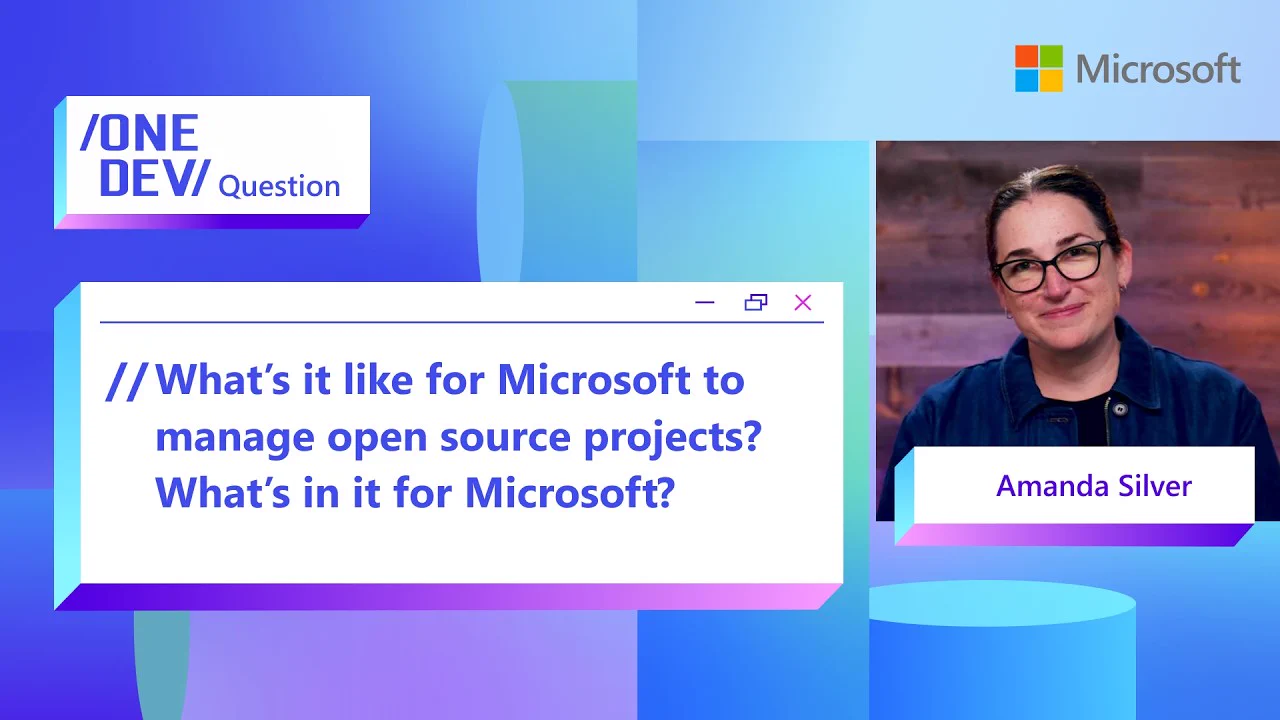 A split image featuring a question about Microsoft and open source projects on the left and a photo of Amanda Silver on the right. The background includes abstract blue and purple shapes. Microsoft logo is visible in the top right.