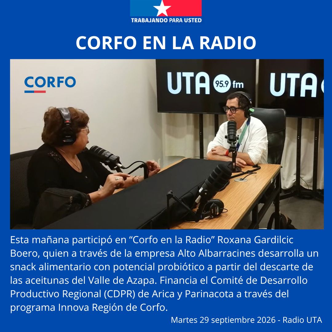 CorfoArica's tweet photo. #Arica Hoy tuvimos el capítulo 29 de “Corfo en la Radio” por la @RadioUTarapaca La entrevista fue a Roxana Gardilcic y su proyecto Innova Región de #Corfo aceitunas gourmet. Financia el CDPR de Arica y Parinacota

Revísala aquí https://t.co/lvhtDnoIAc https://t.co/7OeB5Pn6Vh