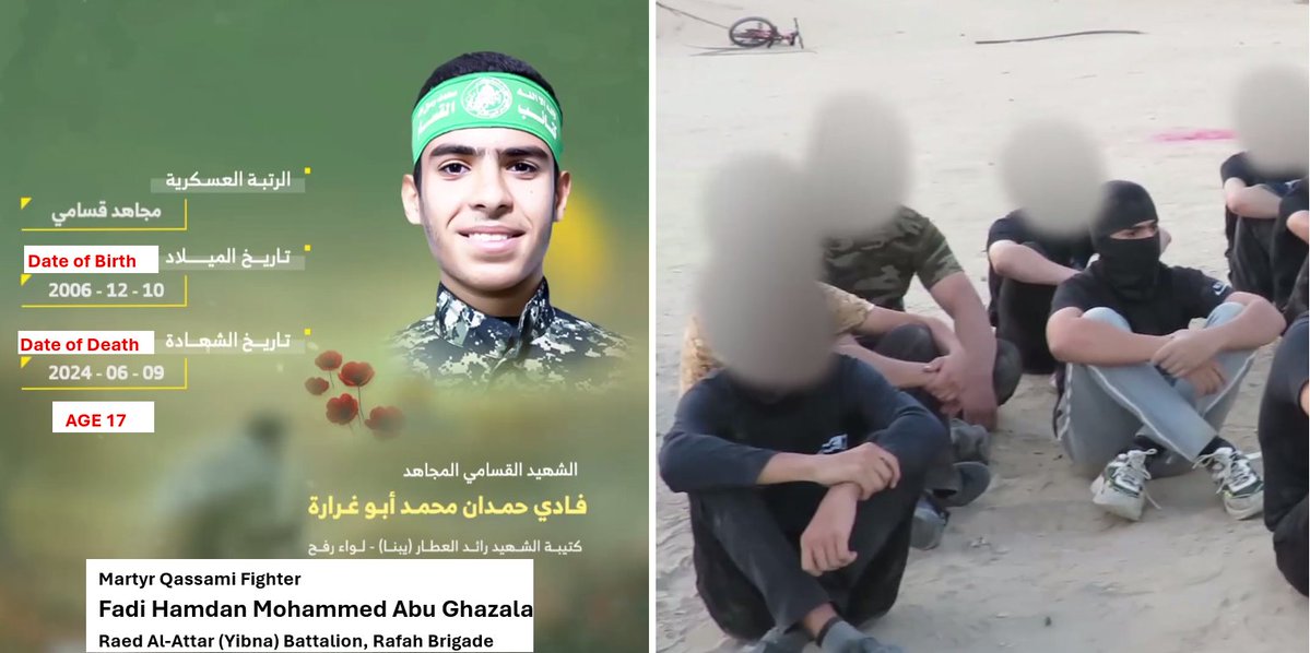 Aizenberg55's tweet photo. Hamas is now confirming more child soldiers killed in Gaza after issuing martyr notices for most of its slain commanders. Its official video shows 17-year-old Fadi Abu Ghazala at a youth military camp he likely joined at 15 or 16. Total silence from fake NGOs and “experts.” https://t.co/VLqXwLjWWD