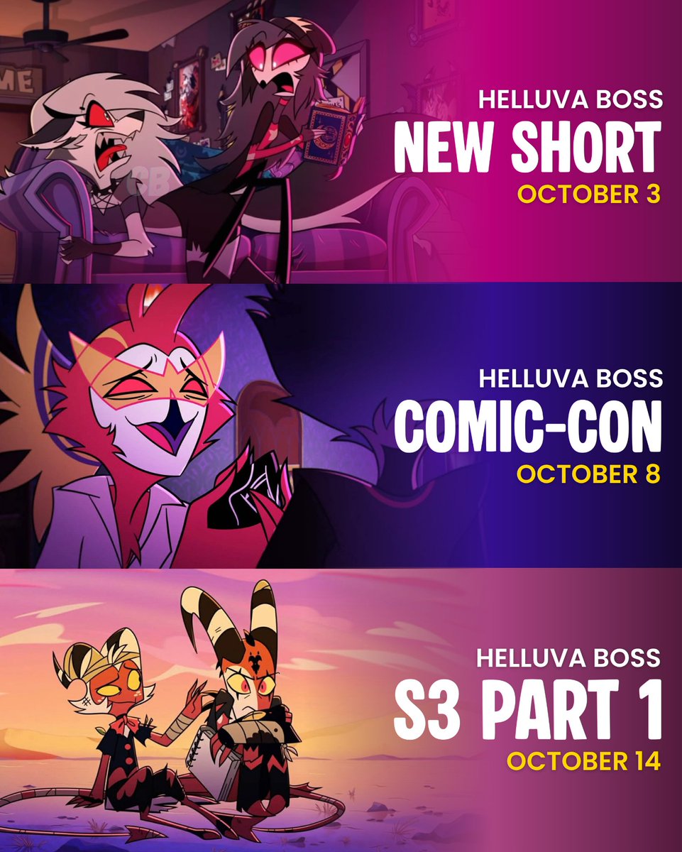 TheCartoonBase's tweet photo. ‘HELLUVA BOSS’ Season 3 news and release schedule 💥

• New short on YouTube on October 3 
• World Premiere at NYCC on October 8
• Part 1 on Prime Video on October 14 https://t.co/AkGCSgf3Vi