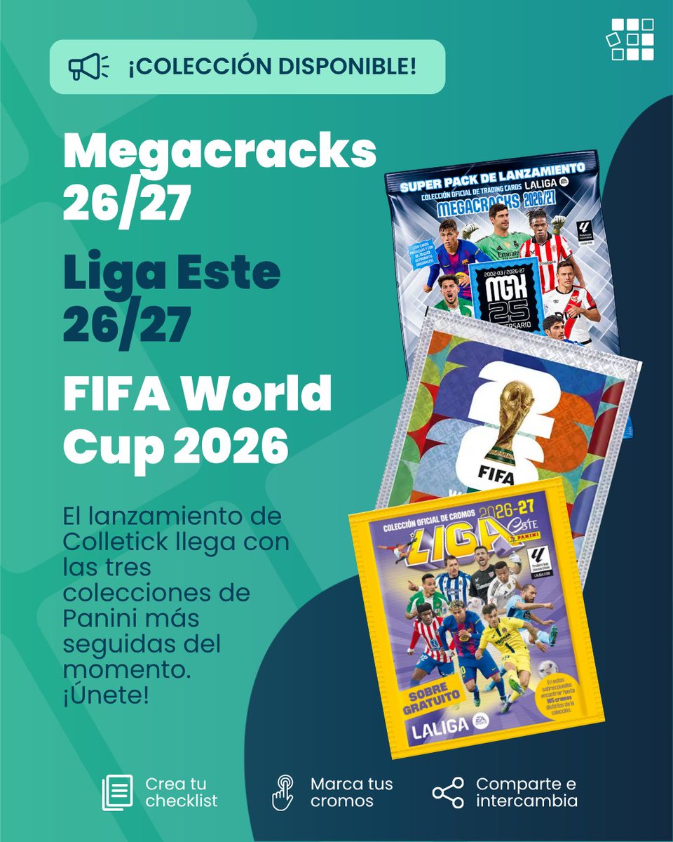 colletick's tweet photo. Las tres colecciones con las que ha llegado Colletick no podían ser otras:

▶️ Megacracks 26/27
▶️ Liga Este 26/27
▶️ FIFA World Cup 2026

¿Qué colección echas en falta? ¿Desde que temporada coleccionas?

¡Venga! ¡Dínoslo que estamos trabajando en cargar nuevas colecciones! https://t.co/4pxJyKwUqp