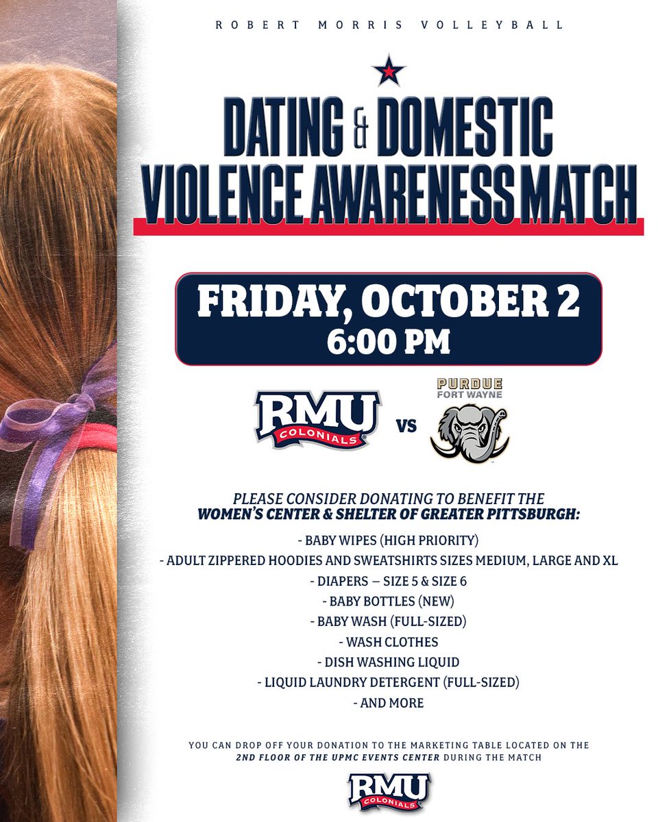 RMUVolleyball's tweet photo. 💜 More than a match. A night with a purpose.

Join us Friday, Oct. 2 as we raise awareness for dating and domestic violence.

Fans are encouraged to bring donations benefiting the Women’s Center &amp; Shelter of Greater Pittsburgh. 

🔗 https://t.co/BUKeXkfFoi https://t.co/MbqmT9nxMB