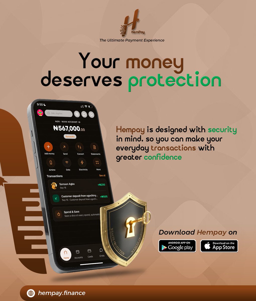 hempayfinance's tweet photo. Your money deserves more than just a home, it deserves protection. 

With Hempay, every transaction is built on security, so you can send, save, and spend with total confidence.

Download Hempay today: https://t.co/HHcnfiPmA5
#Hempay #SecurePayments #FinTech https://t.co/f8QTZ8gmQZ