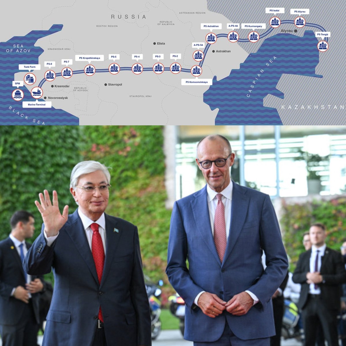 Alex_Oloyede2's tweet photo. 🇩🇪🇰🇿 "We are very interested in oil from Kazakhstan as a replacement for Russian oil, which we no longer purchase."

– German Chancellor Merz

One problem, Russia controls 90% of Kazakhstan's oil export facilities. So technically you still fund Russia's industry (lol). https://t.co/J3AMU62Pin
