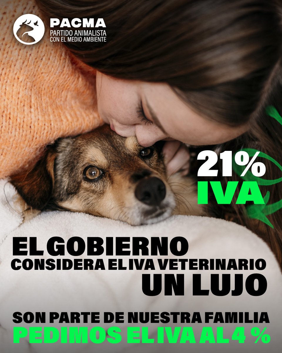PartidoPACMA's tweet photo. No tenemos bastante con no poder vivir con nuestros animales de alquiler que encima tenemos que pagar un IVA veterinario de auténtico LUJO, como si su sanidad y calidad de vida fuesen un capricho de ricos.

¡Por la bajada del IVA veterinario al 4% YA!

¡Que el Gobierno se implique en la protección animal como debe, y no solo para la foto de campaña!

#veterinario #IVAveterinario #protecciónanimal #Gobierno