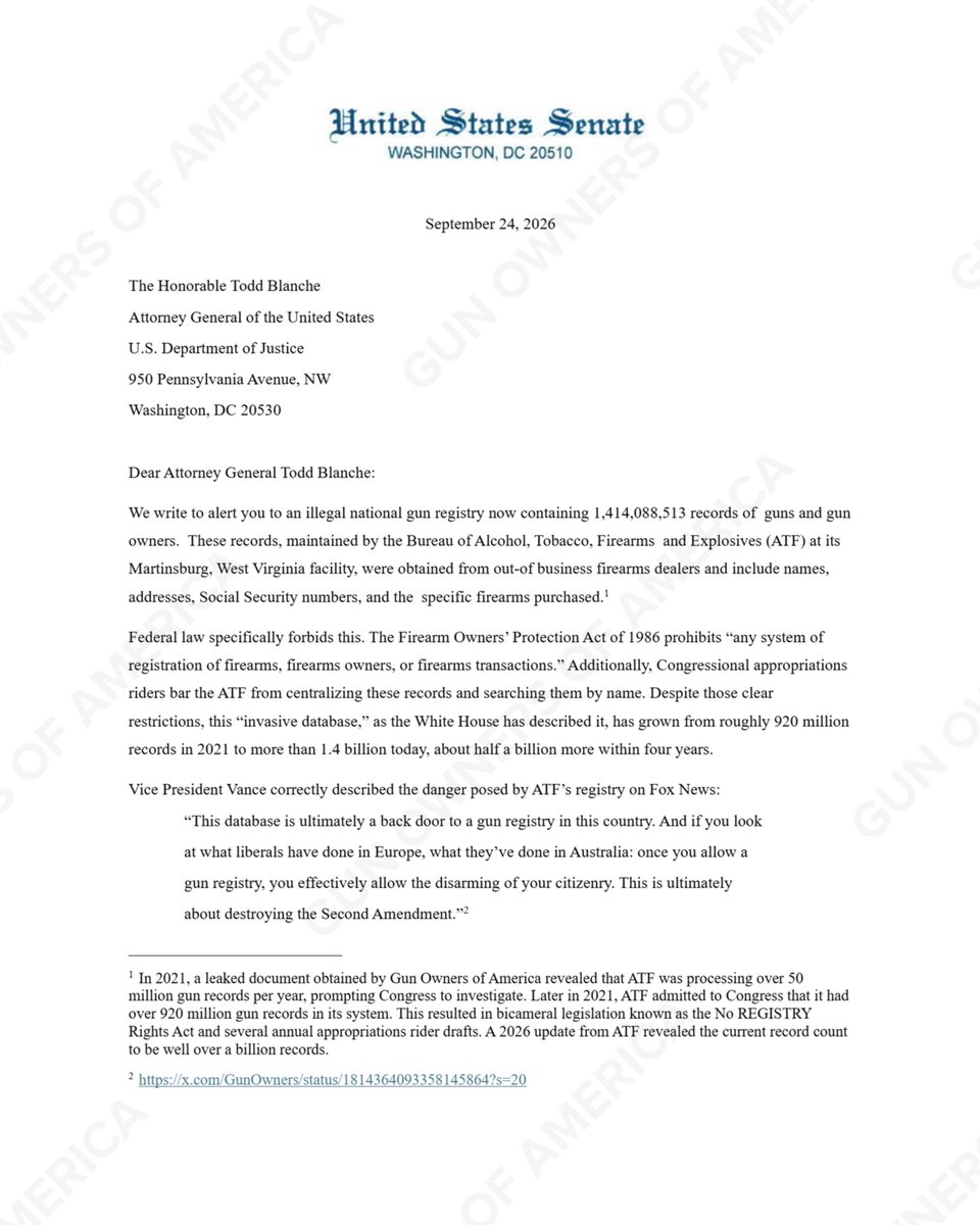 GunOwners's tweet photo. 🚨REGISTRY UPDATE🚨

8 Senators are also alerting @AGToddBlanche and @ATFDirectorRC of the existence of @ATFHQ's illegal 1.4 BILLION RECORD registry. 

We need the registry to be dismantled and these records deleted before a future administration uses them for gun confiscation. https://t.co/S6fNs8BK2n
