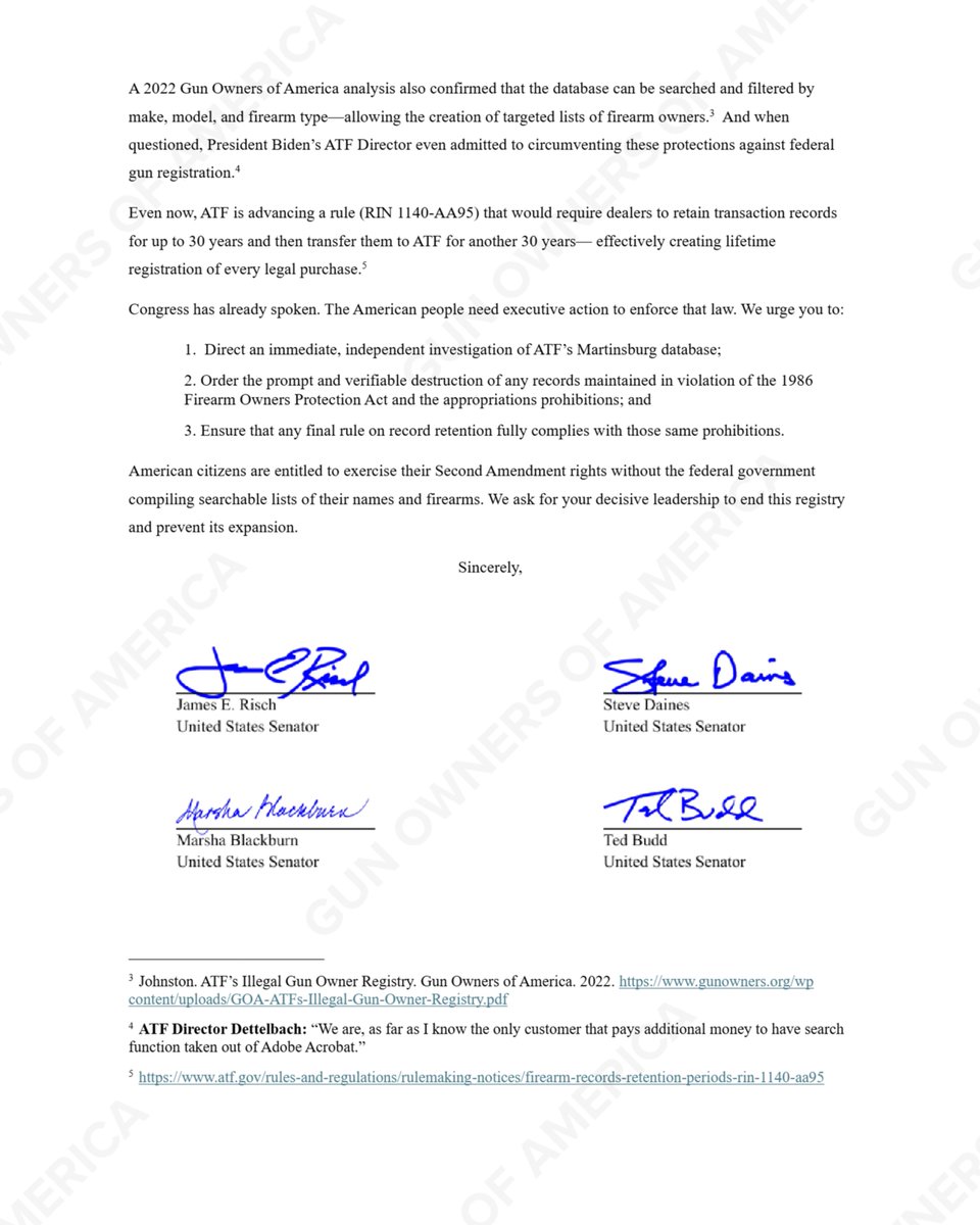 GunOwners's tweet photo. 🚨REGISTRY UPDATE🚨

8 Senators are also alerting @AGToddBlanche and @ATFDirectorRC of the existence of @ATFHQ's illegal 1.4 BILLION RECORD registry. 

We need the registry to be dismantled and these records deleted before a future administration uses them for gun confiscation. https://t.co/S6fNs8BK2n
