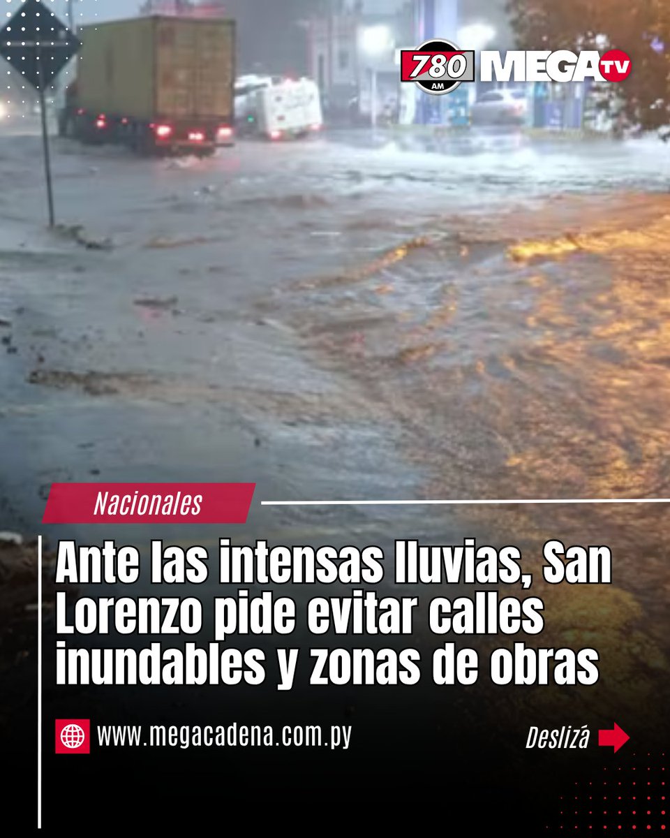 780AM's tweet photo. 🌧️🚨 SAN LORENZO PIDE EXTREMAR PRECAUCIONES ANTE LAS LLUVIAS

🌊Ante las alertas vigentes y el pronóstico de lluvias intensas para los próximos días, la Municipalidad de San Lorenzo pidió a la ciudadanía tomar precauciones.

⚠️ Recomiendan evitar calles con acumulación de agua o zonas inundables, especialmente donde se realizan grandes obras de drenaje pluvial.

🚧 También solicitan respetar la señalización preventiva y circular con mucha atención en los sectores intervenidos.

#780AM @megatvpy
