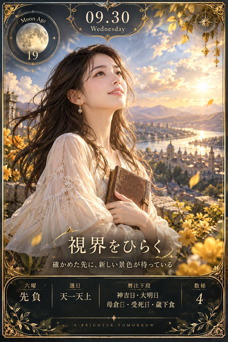 s_e_n_chan's tweet photo. 日付：2026年9月30日（水）
六曜：先負（せんぷ、せんまけ）
選日：天一天上（てんいちてんじょう）
暦注下段：神吉日・大明日・母倉日・受死日・歳下食
数秘：4
月齢：19

今日の流れ：

今日は、勢いだけで先へ進むより「確かめてから開く」が鍵。先負の静かな立ち上がりを生かし、午前は準備や確認、午後から本題へ移ると流れをつかみやすいでしょう。天一天上と大明日の明るさは、いつもの場所を離れて視野を広げる行動と好相性。神吉日・母倉日の穏やかな気配もあり、人への気遣いや育ててきたことに手をかけるほど温かな循環が生まれそうです。一方、受死日・歳下食も重なるため、大勝負を急ぐより安全確認を丁寧に。満月を越えた月齢19は、得たものを見直し、次に生かせる形へ整える力を後押しします。

感情テーマ：

安心できる土台から、視界をひらく。
伸びやすいこと：
数秘4の堅実さを味方に、予定・資料・手順を具体化すると、アイデアが現実的な一歩へ変わります。

注意点：

焦って結論を出さず、体調や時間、約束事の確認を優先。慎重さを「止まる理由」ではなく「進むための精度」に。

ラッキーカラー：ハニーゴールド
ラッキーアイテム：革表紙のノート
ラッキーフード：きのこの炊き込みご飯
ラッキーワード：「確かめた先に道はひらく」

開運アクション：

午後、行ってみたかった場所へ少し足を延ばし、そこで浮かんだ考えを一つだけノートに具体化してみて。

今日のひとこと：

丁寧な一歩が、新しい景色への扉になります。