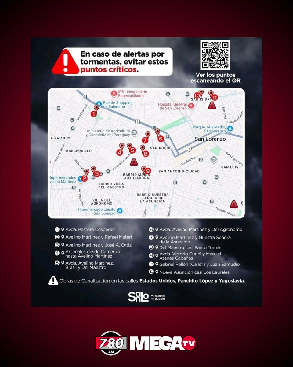 780AM's tweet photo. 🌧️🚨 SAN LORENZO PIDE EXTREMAR PRECAUCIONES ANTE LAS LLUVIAS

🌊Ante las alertas vigentes y el pronóstico de lluvias intensas para los próximos días, la Municipalidad de San Lorenzo pidió a la ciudadanía tomar precauciones.

⚠️ Recomiendan evitar calles con acumulación de agua o zonas inundables, especialmente donde se realizan grandes obras de drenaje pluvial.

🚧 También solicitan respetar la señalización preventiva y circular con mucha atención en los sectores intervenidos.

#780AM @megatvpy