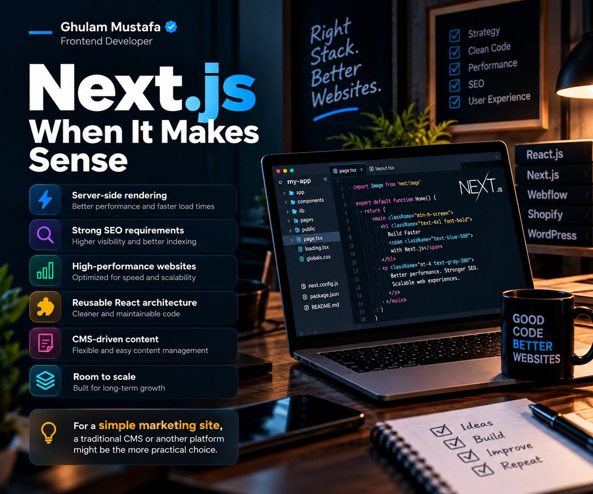 gmustafa_8's tweet photo. Next.js isn’t the right choice for every website and that’s the point.
I choose the stack based on the problem, not the trend.
Next.js makes sense when you need:
Performance
Strong SEO
Scalable React architecture
Room to grow

What makes you choose Next.js for a project?
#NextJS https://t.co/Fxqr1wStvQ