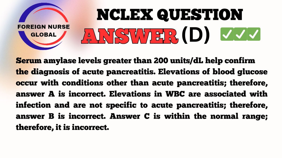 foreignnurseglb's tweet photo. NCLEX QUESTION ANSWER.....
KUDOS TO THOSE THAT GOT IT RIGHT.....
KEEP PRACTICING IF YOU DIDN'T GET IT RIGHT.....
#FNG #foreignnurseglobal #nclexreview #nclexstudying #nclexsurepass #nclexmadeeasy #nclexpass #NCLEX #NCLEX_RN #nclexprep #nclextips #USRN #nclexpreparation https://t.co/Lzl2Do5oyd