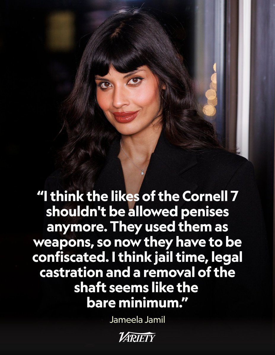 Variety's tweet photo. The Cornell 7 are being condemned by Hollywood.

Jameela Jamil: “I think the likes of the Cornell 7 shouldn’t be allowed penises anymore. They used them as weapons, so now they have to be confiscated. I think jail time, legal castration and a removal of the shaft seems like the bare minimum.”

Josh Gad: “When we start setting a precedent that our girls and women can be brutally raped, and the resulting disciplinary action is to hand out (checks notes) ESSAYS (like it’s Bart Simpson being a lil’ rascal) about why it was wrong to brutally violate an innocent girl, we have lost our fucking minds.”

https://t.co/KqcBiK1U4a