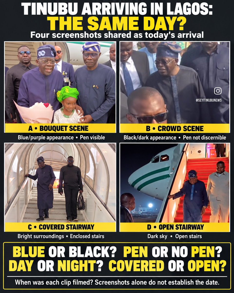 MikeArnoldTruth's tweet photo. This is baffling. Multiple videos recently posted purport to show Tinubu arriving in Lagos. Look at the pictures.... was he wearing dark blue or black? Did his shirt have a pocket with a pen in it, or no pocket? Was it day or night? Was the stairway open or covered? Hmmm... https://t.co/PDHvRaGMnD