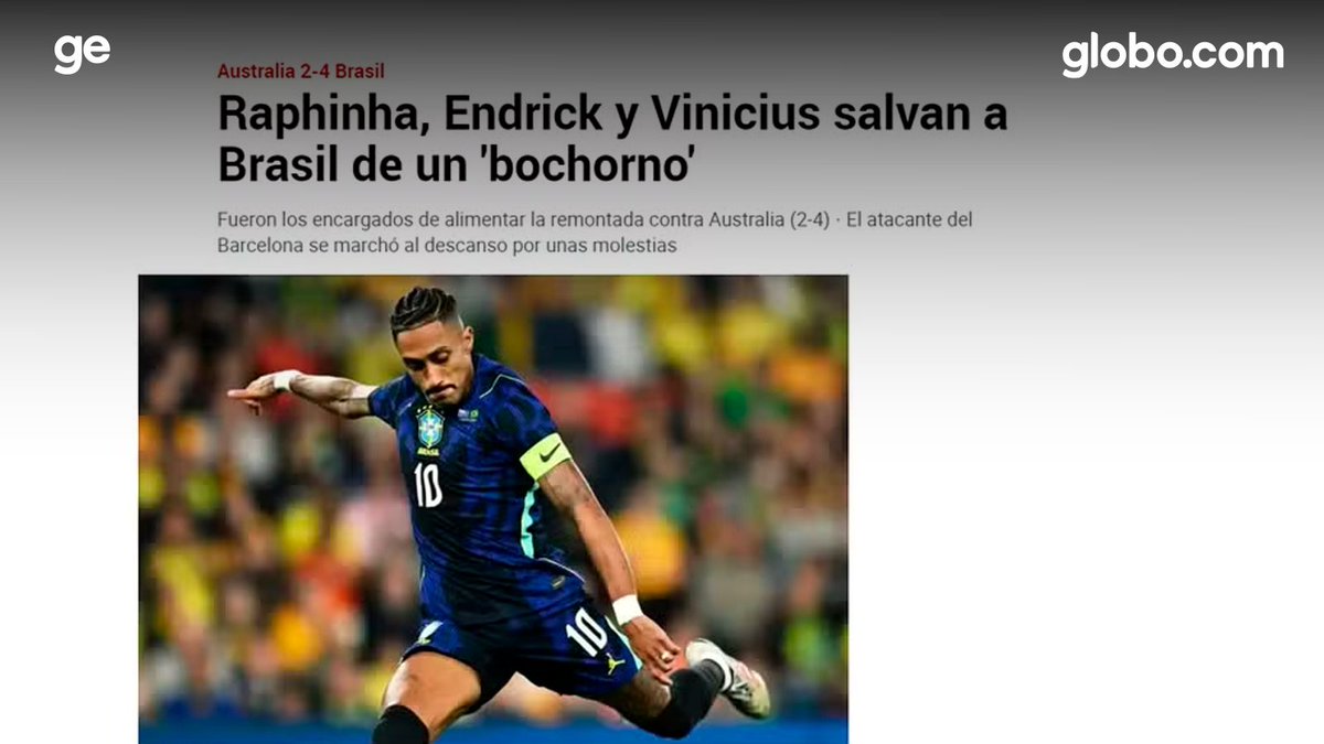 oficialglobocom's tweet photo. Jornal espanhol destaca atuação de Endrick, Vini Jr. e Raphinha em amistoso desta terça, 29, contra a Austrália: 'Salvaram o Brasil de uma vergonha' 🫣 entenda: https://t.co/PbZH0cRntl

#gcomFut https://t.co/bNVBkDVQZ3