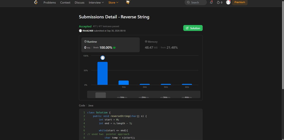 Ritvik2468's tweet photo. Day 13 of #120daysPhoenixArc by
@siamjuit 

~ Learned string fundamentals 
~ Solved Reverse String on LeetCode https://t.co/ysw55NhlHR