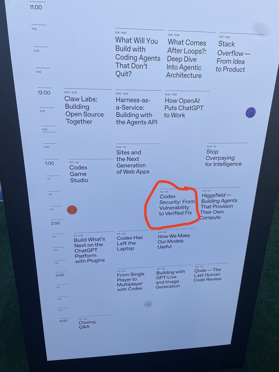binarybits's tweet photo. I'm at OpenAI DevDay today and it's really striking how little emphasis there seems to be on safety and security here. I'm not sure Sam mentioned it once in his keynote this morning. The agenda appears to have one security-related session out of 17. https://t.co/jTFsLix8RM