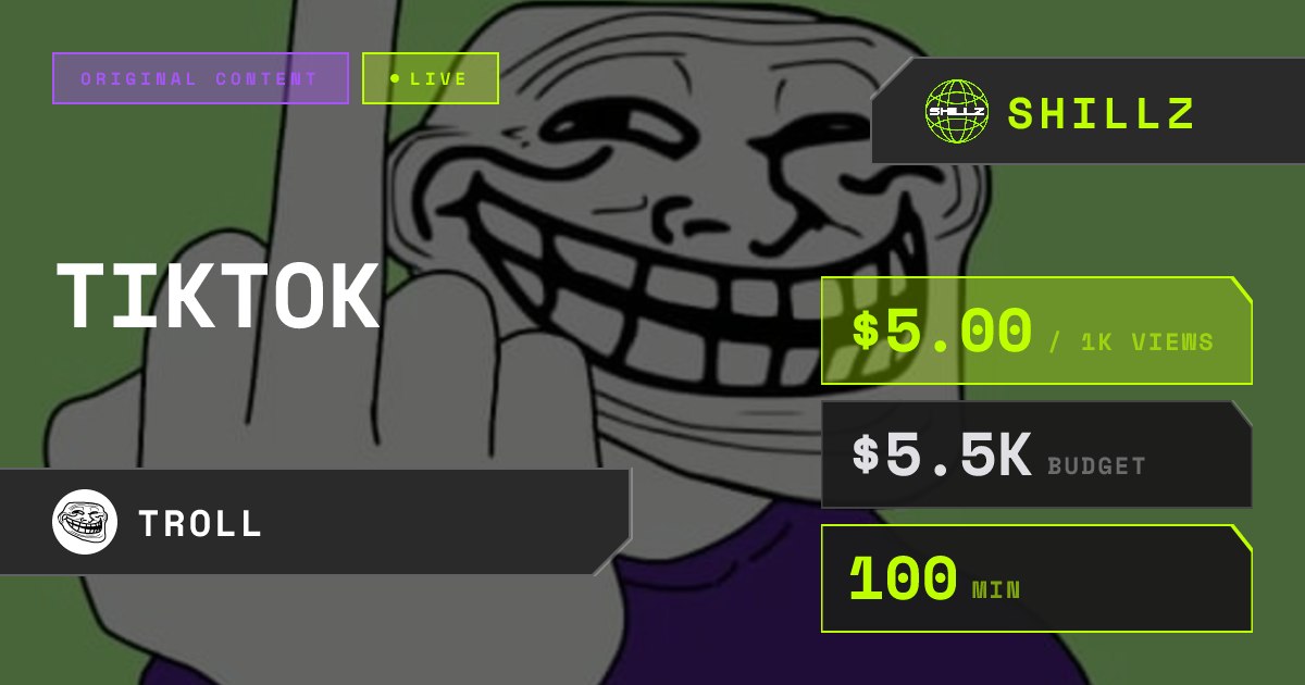 Troll_'s tweet photo. get paid to troll on tiktok!

$5000 in $TROLL is up for grabs, post original content to tiktok, pranks, trolling, or talk about the coin and get paid.

only on @Shillz_Official 

https://t.co/v3bt2shE1a https://t.co/yj3hhQIjEy