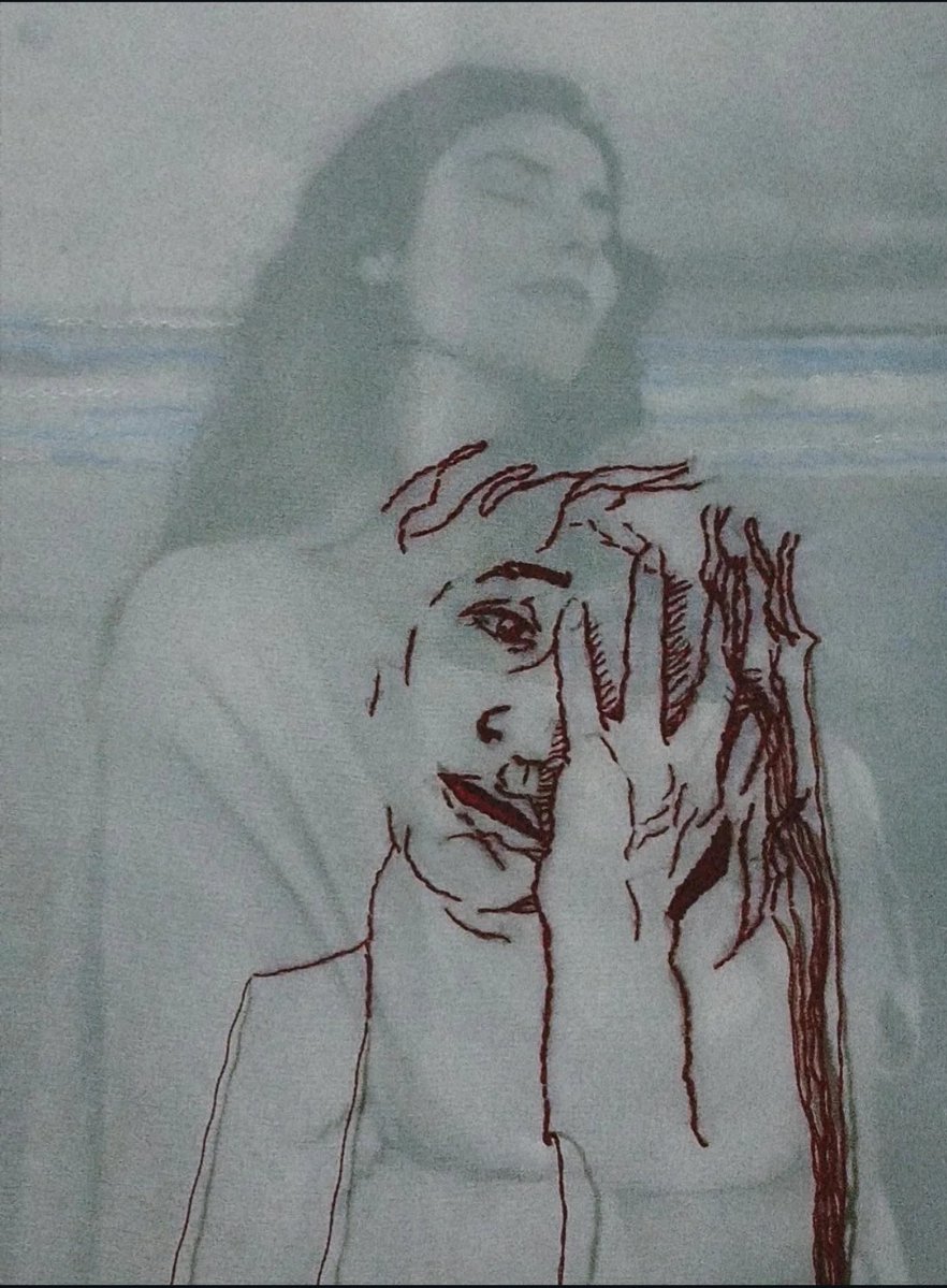 Nahid___70's tweet photo. Good night🖤🥀

This artwork was created to express my grief over my mother's passing; making this piece deeply meaningful to me. The mediums used include stitching, transfer printing and drawing https://t.co/FoTNhViMcI