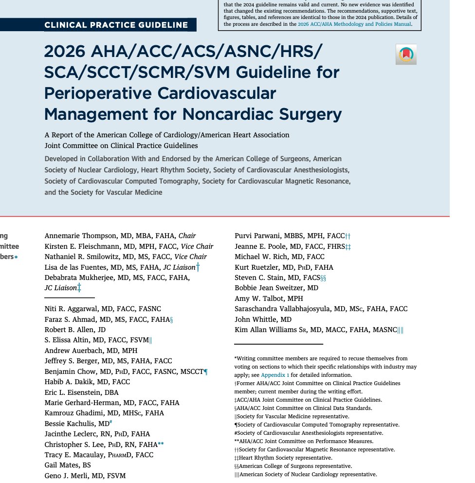 LuisOliverio's tweet photo. Guías 2026 de la AHA de manejo preoperatorio en cirugía no cardíaca (alias valoración preoperatoria). Recién salida del horno ayer. Puntos importantes:

🔴 Los iSGLT2 se suspenden 3 días antes por riesgo de cetoacidosis euglucémica (nota: la evidencia nueva apunta a que tal vez no se requiera). 

🔴 Los aGLP-1 semanales se suspenden más de 1 semana antes (por broncoaspiración). Metformina: continuar.

🔴 Betabloqueador: continuar. Si apenas lo vas a iniciar: empezar 7 días antes.

🔴 IECA/ARA-II pueden omitirse 24 horas en hipertensión controlada + cirugía de alto riesgo, pero se continúan en insuficiencia cardíaca.

🔴 Prueba de estrés y angioTC coronaria: solo con riesgo alto (como <4 METs por DASI y otra indicación. CAC de 0 en los últimos 2 años: pasa a cirugía sin más.

🔴 El ECG en asintomáticos con cirugía de bajo riesgo: no aporta, no es necesario. 

🔴 En cirugía de alto riesgo, >65 años, o sintomáticos: considera medir BNP o NT-proBNP). En general no se necesitan seriados.

🔴 Anticoagulación oral (con ACOD) sin puente en general, sin heparina. Puente solo si: AVK y riesgo trombótico muy alto: válvula mecánica mitral, EVC/AIT en los últimos 3 meses, trombofilia o CHA₂DS₂-VASc ≥7.

🔴 Tiempos e infarto. Después de un stent farmacoactivo: esperar 6-12 meses si cirugía electiva. Después de un EVC/AIT se esperan ≥3 meses.