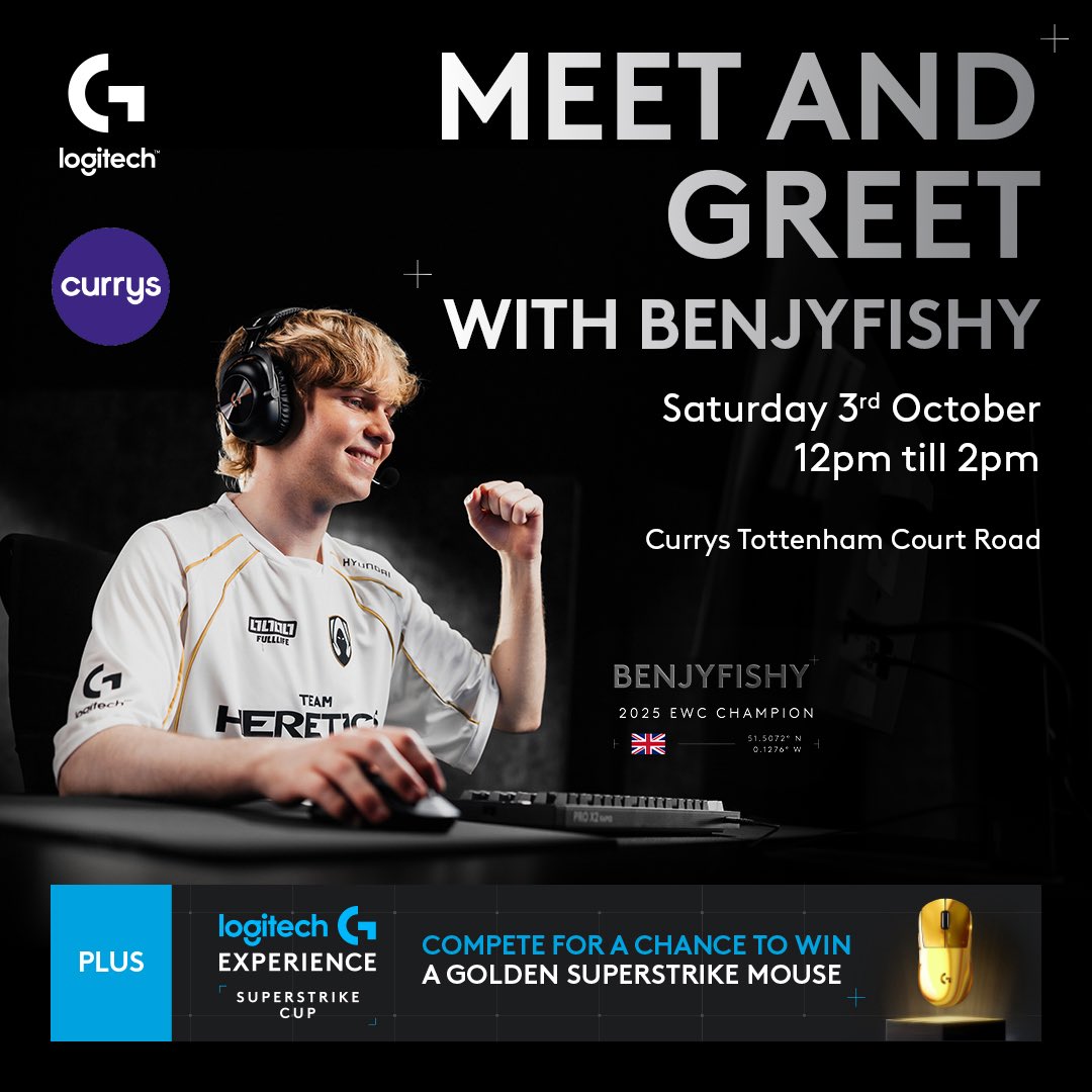 LogitechGUK's tweet photo. Saturday 12-2pm come say hi to @benjyfishy at @currys Tottenham Court Road.

Plus some amazing prizes and discounts, one day only! https://t.co/JdnUJ9YcGW