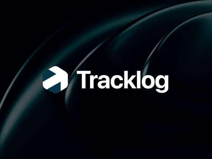 A logo design for 'Tracklog' featuring a stylized white arrow icon on a dark background with abstract flowing black shapes.