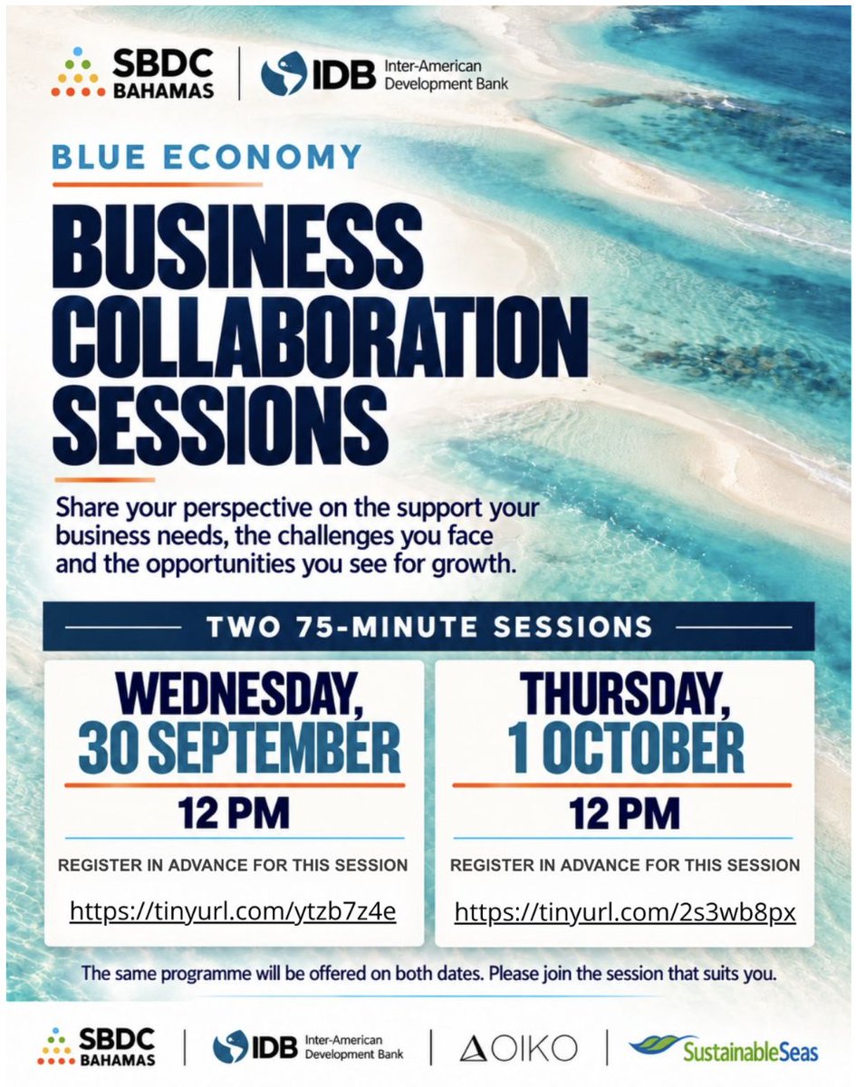 competecarib's tweet photo. 🌊 How can businesses collaborate to unlock new opportunities in The Bahamas’ Blue Economy?

📅 Wednesday, 30 September | 12:00 PM Bahamas time
 Register: https://t.co/CtIlNDLKnl

📅 Thursday, 1 October | 12:00 PM Bahamas time
 Register: https://t.co/gPmCZFQnG6

#BlueEconomy https://t.co/BONDbDuvS4