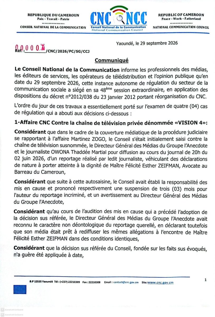 TheCameroonianZ's tweet photo. La chaîne Vision 4 est suspendue pour un mois par le Conseil National de la Communication #Cameroon. https://t.co/4guBOkuq2i