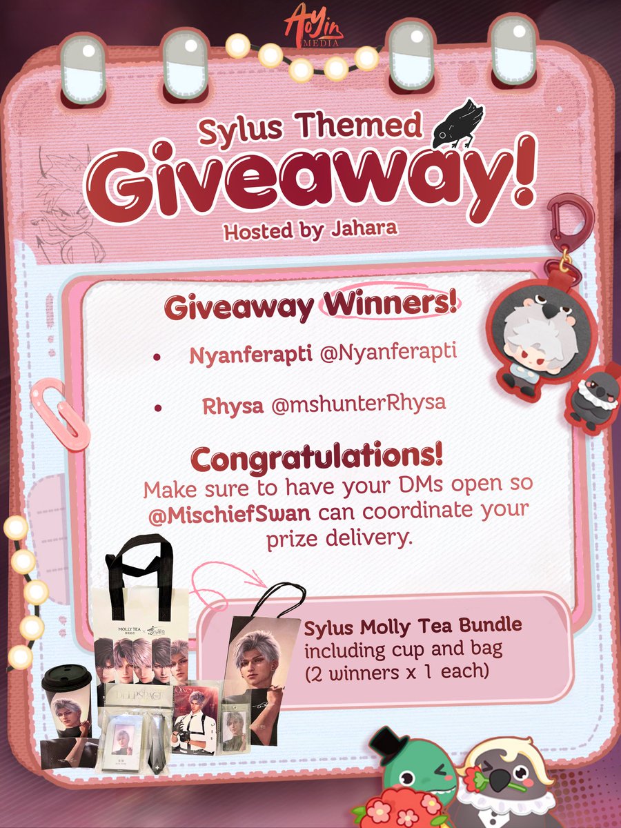 MischiefSwan's tweet photo. The Sylus Molly Tea giveaway winners are:

Rhysa  @mshunterRhysa 
 
Nyanferapti  @Nyanferapti 

 🎊 Congratulations! 🎊

I'll reach out to arrange shipping, though feel free to reach out to me first.

Thank you all who entered for sharing your Sylus moments and memories! 

October will bring more giveaways, including Xavier-themed around his birthday and some LADS/Halloween themed ones throughout the month. 🎃 
It's a fun way to celebrate the LIs that we love while we wait for Valko. 🐺

#BringValkoBack
#SkipThisMulti
#ValkoIsLoved 
(Graphics courtesy of AoYin Media https://t.co/b0F8tqsbPm )