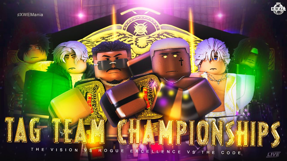 XWENetwork's tweet photo. 🎺 10/4/26 - XtremeMania XLIX 🎺

TAG TEAM CHAMPIONSHIPS

The TAG TEAM TITLES are up for grabs in a HUGE TRIPLE THREAT, with the REIGNING champions #RogueExcellence taking on #TheVision &amp; #TheCode!

In a HIGH-STAKES matchup NO team can afford to lose.. WHO will become CHAMPIONS?! https://t.co/0nbNOg8Kwn