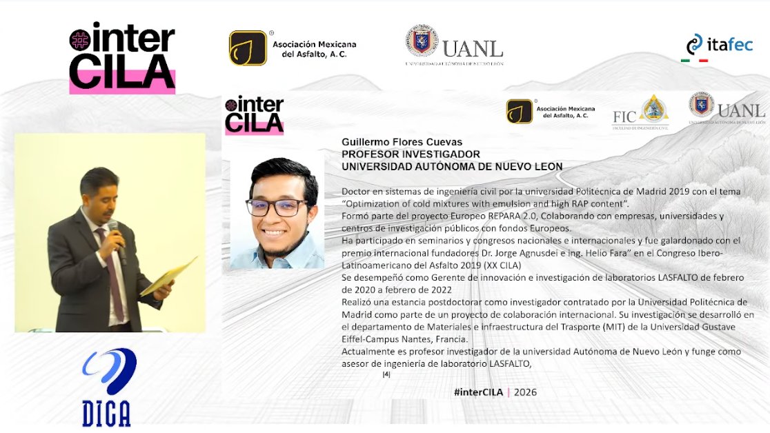 Perisandru's tweet photo. ♻️ ¿Es posible usar mezclas en frío con alto contenido de RAP directamente en capas de rodadura? 
En #InterCILA2026 inicia la exposición del Dr. Guillermo Flores Cuevas (@uanl ). 

 📌 Puntos clave de su ponencia:
🔹 "Mezclas Asfálticas en frío, para rodadura empleando RAP, emulsiones y agentes de reciclaje". 
🔹 Retos de normatividad, acopio y diseño para lograr una verdadera economía circular en carreteras.

#Asfalto #IngenieríaVial #CILA #EconomíaCircular #CarreterasyAlgomas @interCILA #interCILA