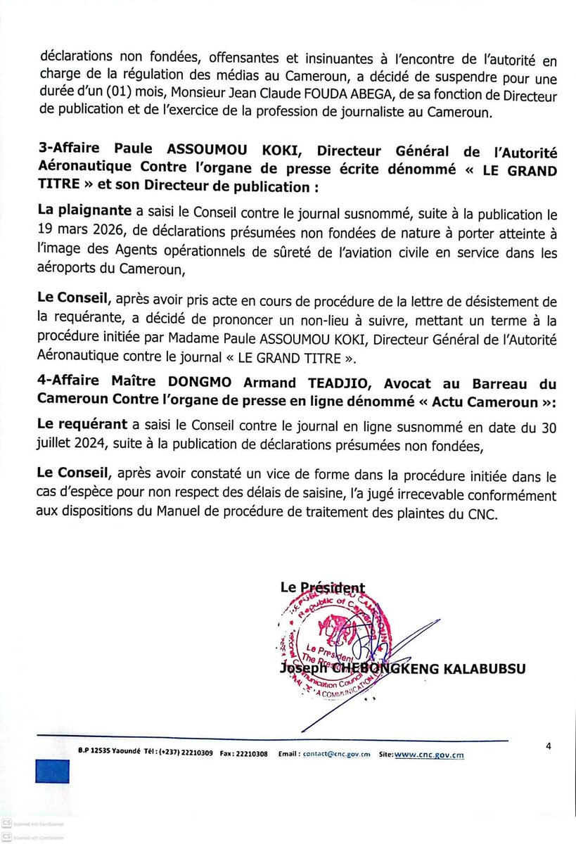 TheCameroonianZ's tweet photo. La chaîne Vision 4 est suspendue pour un mois par le Conseil National de la Communication #Cameroon. https://t.co/4guBOkuq2i