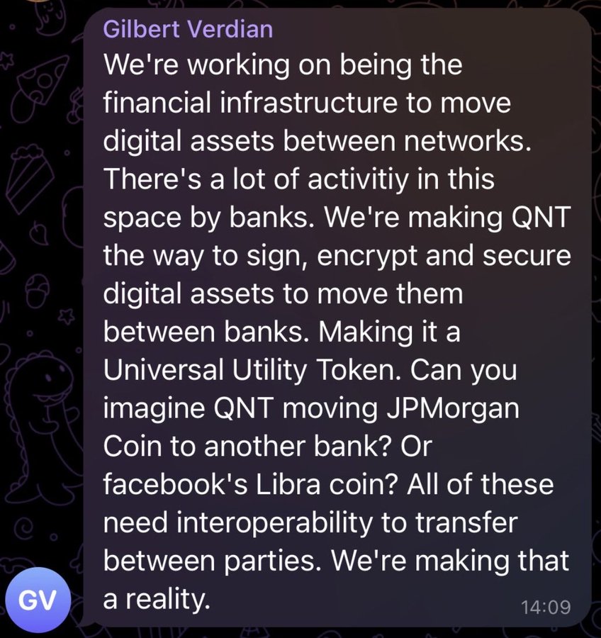 APEXCONSULTNFA's tweet photo. $QNT MUST READ! Gilbert Verdian is the CEO of Quant and below is just one of many mind blowing statements he has made over the years about the $QNT token. I'm not kidding when I say "Grown men will cry!" 

Thanks to @DutchAlchemist for the screenshot below! Give him a follow! https://t.co/xE4WLgyUbj